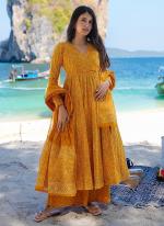 Pure Muslin Pumpkin Yellow Party Wear Printed Readymade Anarkali Suit